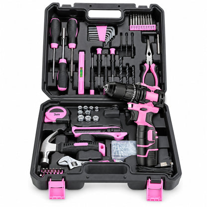 Set scule cu mașină de găurit și înșurubat brushless 21V, roz/negru, trusa deschisă