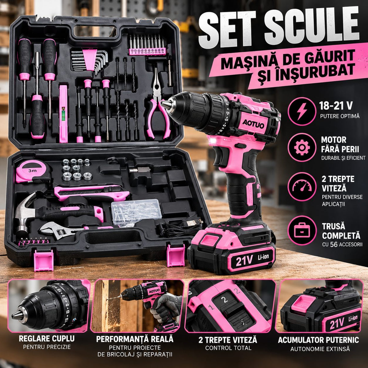 Set scule: 18–21V, motor fără perii, 2 trepte de viteză, trusă cu 56 accesorii