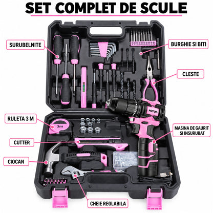Conținutul trusei: șurubelnițe, burghie și biți, clește, ruletă 3 m, cutter, ciocan, cheie reglabilă