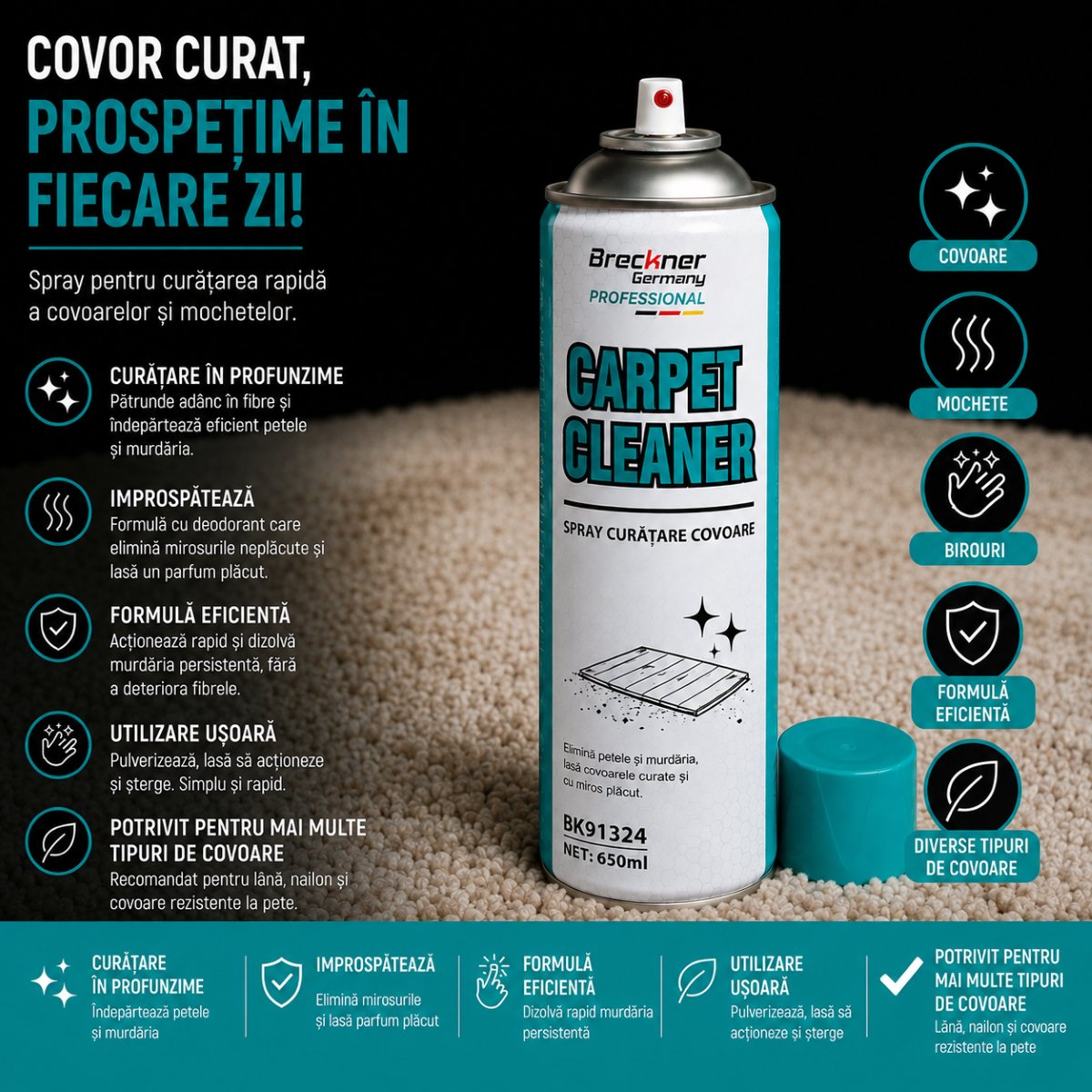 Ce face spray-ul: curăță în profunzime și împrospătează covorul