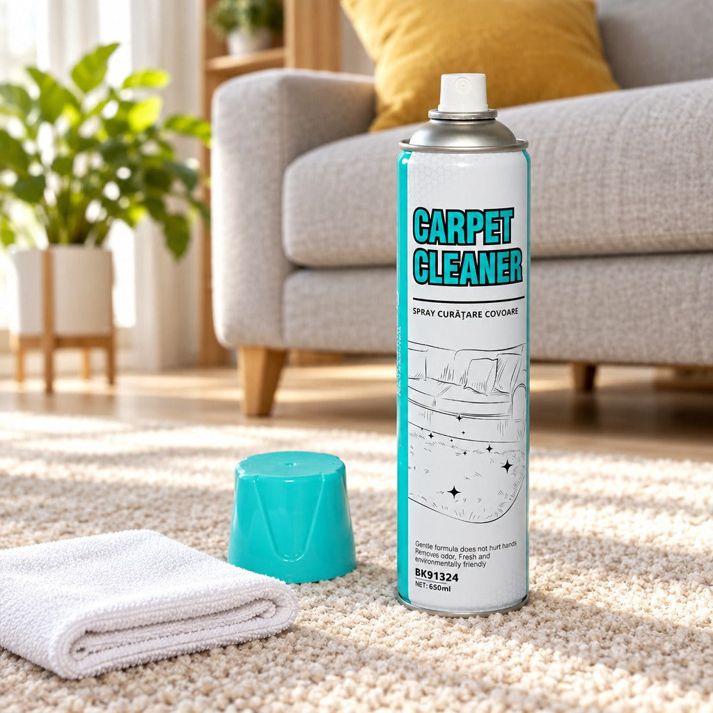 Doza de spray pe covor, cu capacul și o lavetă alături