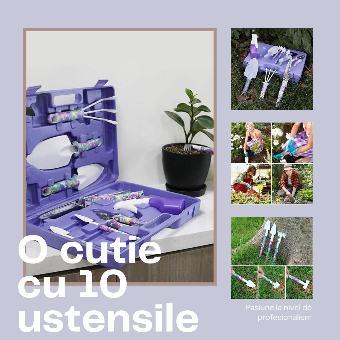 Set 10 accesorii pentru gradinarit, geanta depozitare inclusa, otel inoxidabil, 37 x 28 cm, mov