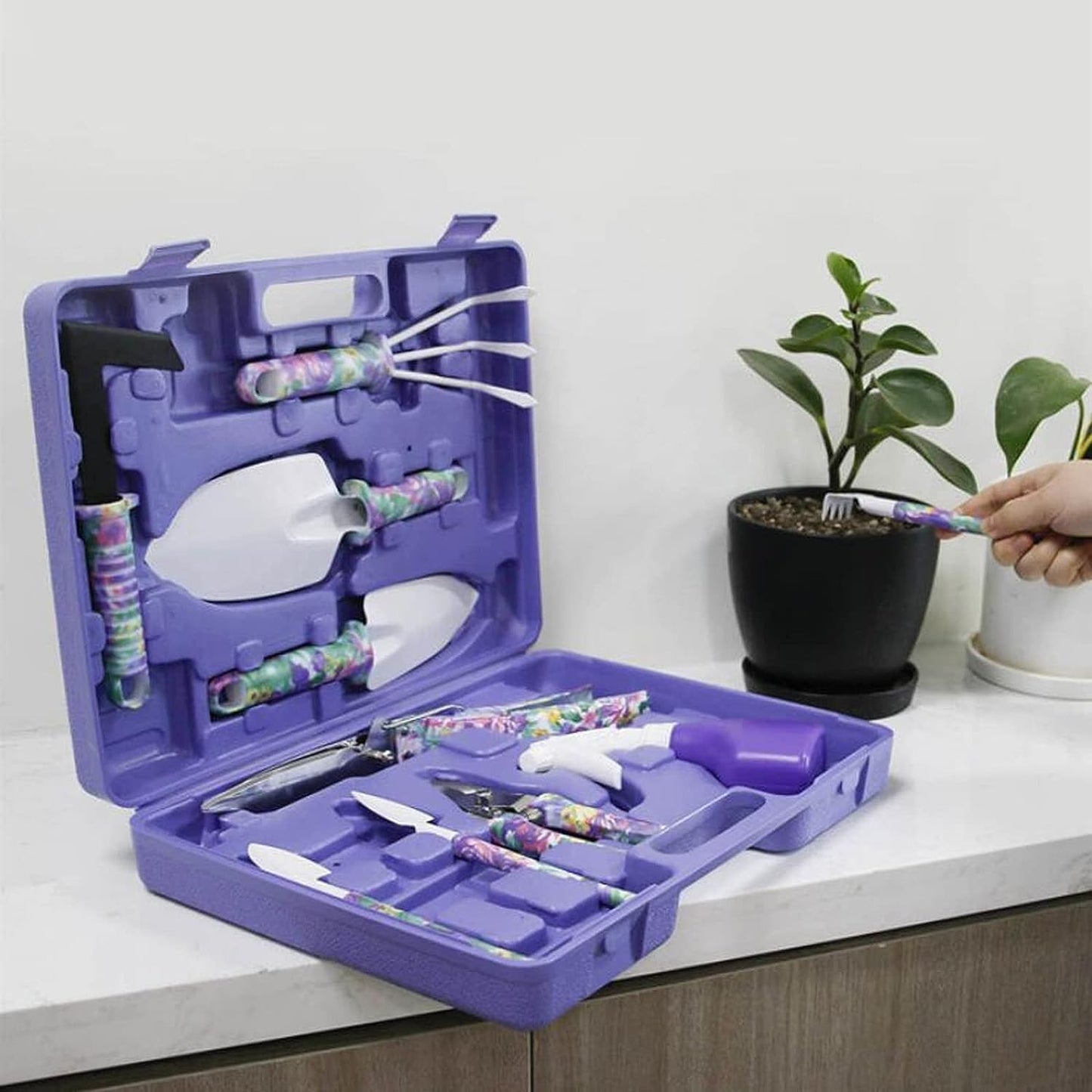 Set 10 accesorii pentru gradinarit, geanta depozitare inclusa, otel inoxidabil, 37 x 28 cm, mov
