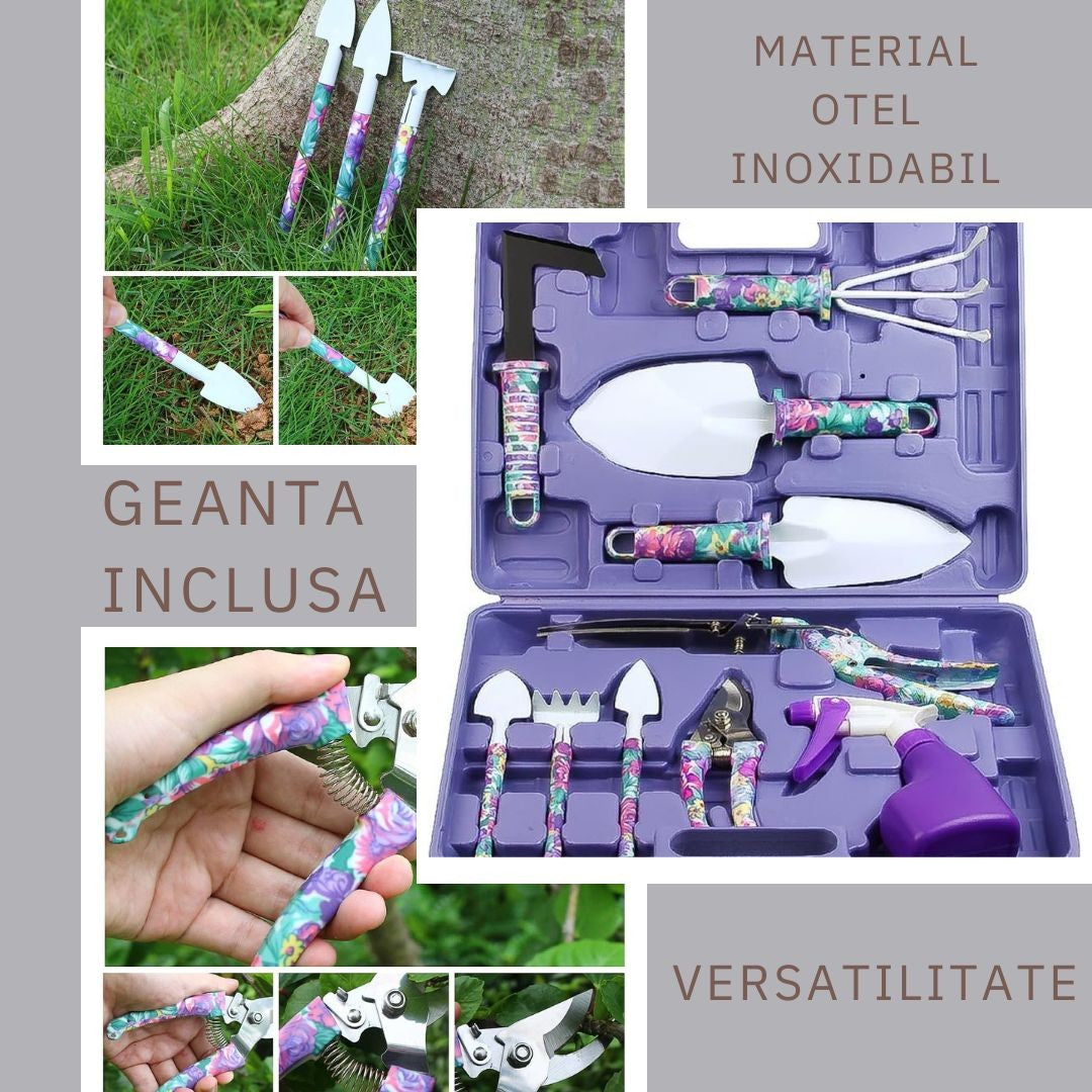 Set 10 accesorii pentru gradinarit, geanta depozitare inclusa, otel inoxidabil, 37 x 28 cm, mov