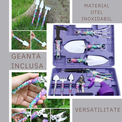Set 10 accesorii pentru gradinarit, geanta depozitare inclusa, otel inoxidabil, 37 x 28 cm, mov