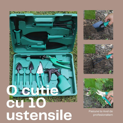 Set 10 accesorii pentru gradinarit, geanta depozitare inclusa, otel inoxidabil, 37 x 28 cm, verde