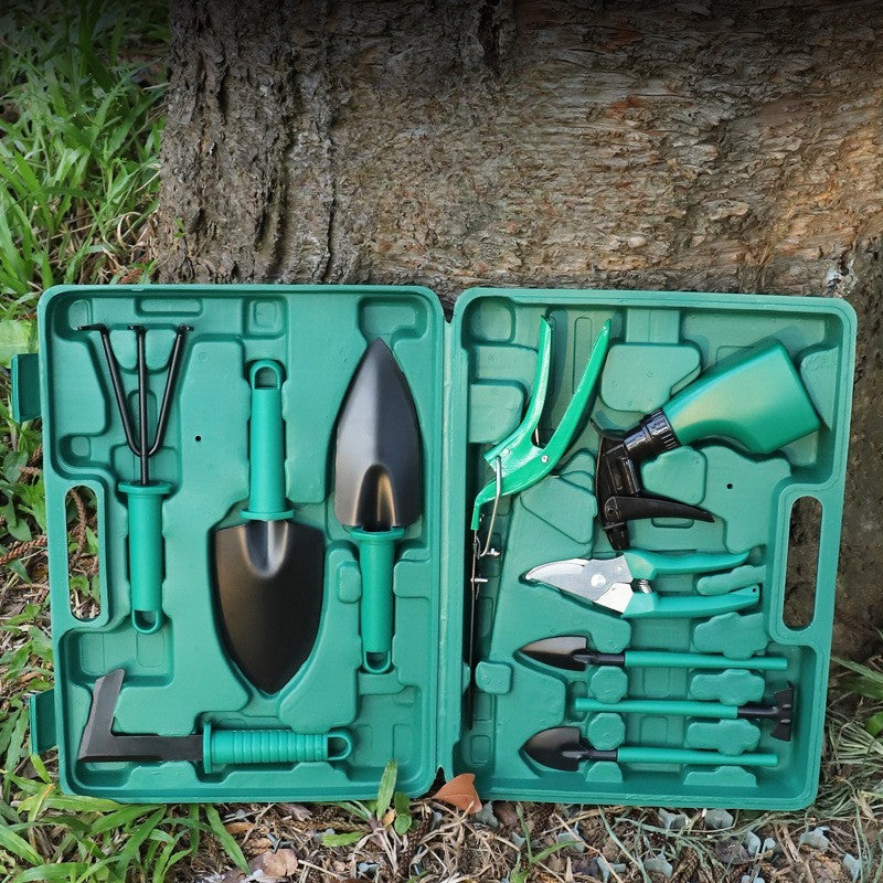 Set 10 accesorii pentru gradinarit, geanta depozitare inclusa, otel inoxidabil, 37 x 28 cm, verde