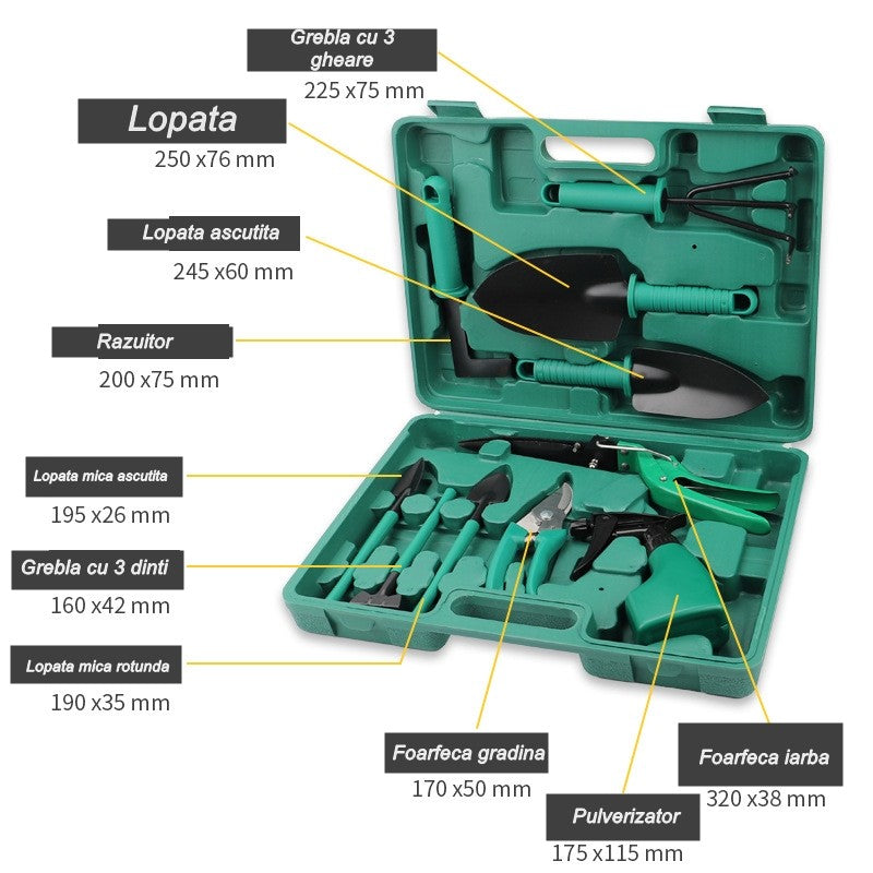 Set 10 accesorii pentru gradinarit, geanta depozitare inclusa, otel inoxidabil, 37 x 28 cm, verde