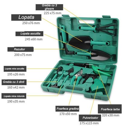Set 10 accesorii pentru gradinarit, geanta depozitare inclusa, otel inoxidabil, 37 x 28 cm, verde