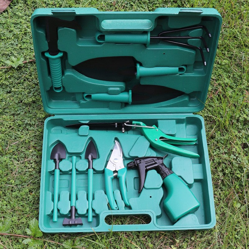 Set 10 accesorii pentru gradinarit, geanta depozitare inclusa, otel inoxidabil, 37 x 28 cm, verde