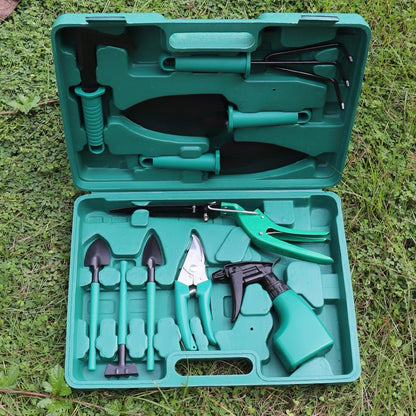 Set 10 accesorii pentru gradinarit, geanta depozitare inclusa, otel inoxidabil, 37 x 28 cm, verde