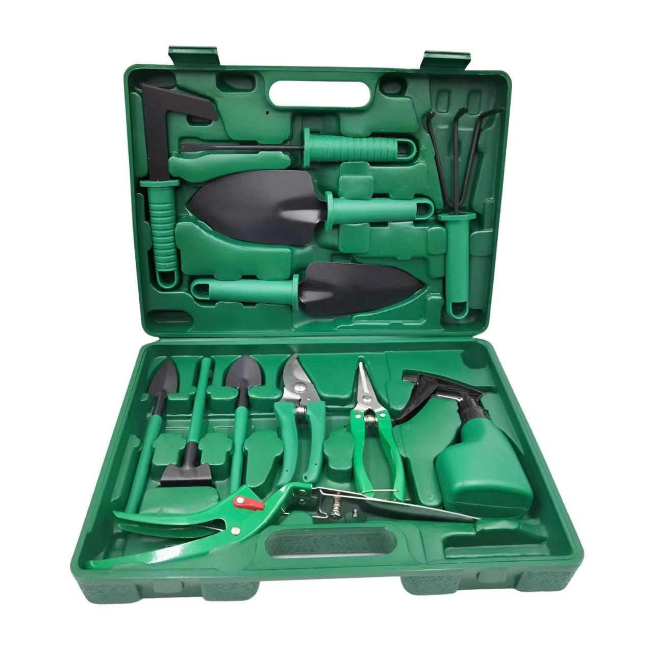 Set 12 Unelte de Gradina, pentru Plantare Prelucrare Sol si Ingrijire Plante, Material PVC si Otel, Cutie Inclusa, 38 x 29 cm, Verde Deschis