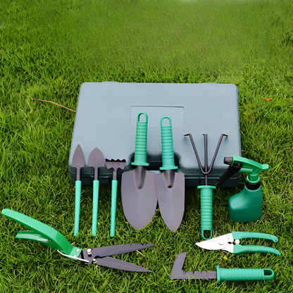 Set 12 Unelte de Gradina, pentru Plantare Prelucrare Sol si Ingrijire Plante, Material PVC si Otel, Cutie Inclusa, 38 x 29 cm, Verde Deschis