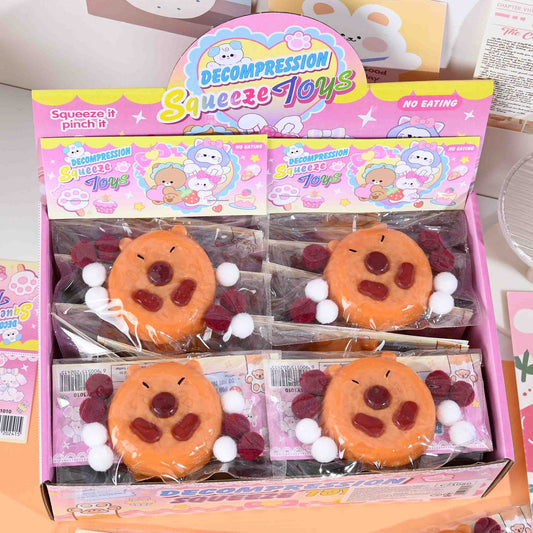 Set 12 Jucarii Antistres Squishy, selexmo, cu Revenire Lenta, Squeeze Pinch Family, Forma de Biscuite Rotund, Model Capybara, 7x6.5 cm, 55g, Ambalaj Transparent, Maro