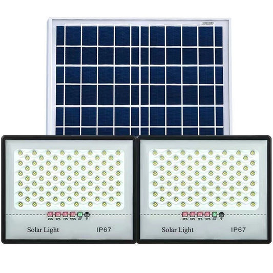Set 2 proiectoare LED cu Panou Solar Selexmo, Senzor de miscare, Telecomanda, Waterproof, 200 LED-uri incorporate, 65W, 24x18 cm, IP67, Design Modern, Negru
