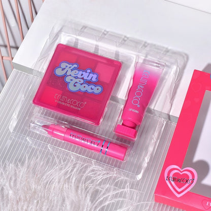 Set 3 Produse de Machiaj, KEVIN &amp; COCO, Pink Hearted, 9 culori, 15.5 x 13 x 3.4 cm
