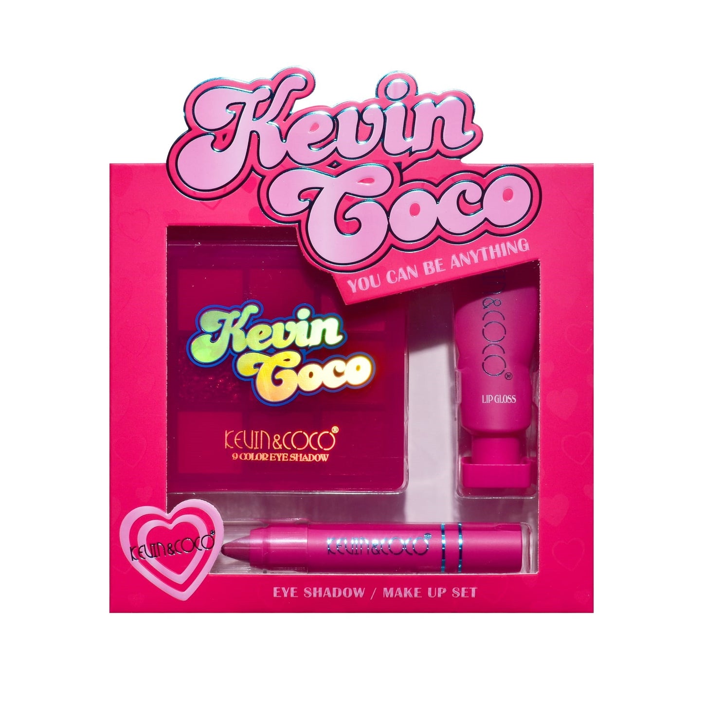 Set 3 Produse de Machiaj, KEVIN &amp; COCO, Pink Hearted, 9 culori, 15.5 x 13 x 3.4 cm