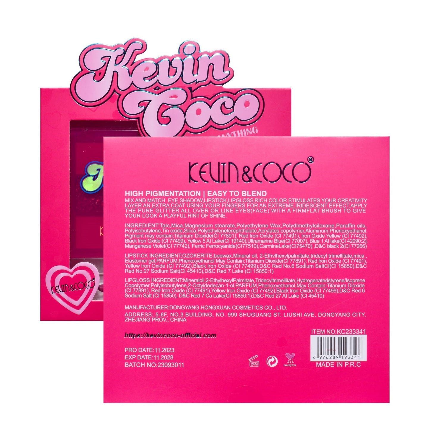 Set 3 Produse de Machiaj, KEVIN &amp; COCO, Pink Hearted, 9 culori, 15.5 x 13 x 3.4 cm