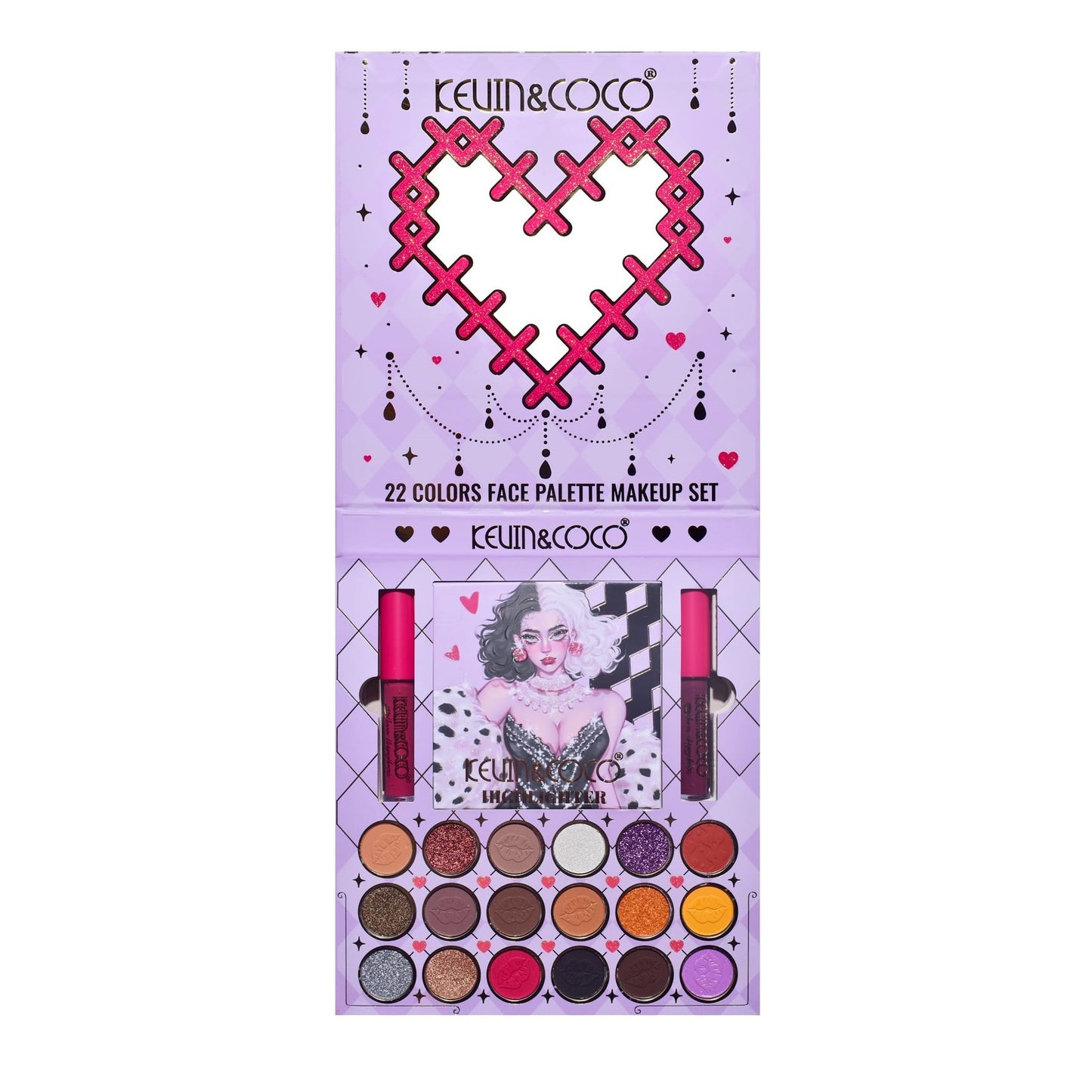 Set 4 Produse de Machiaj, KEVIN &amp; COCO, Black-White Witch, 22 culori, 19.7 x 21.2 x 2.5 cm