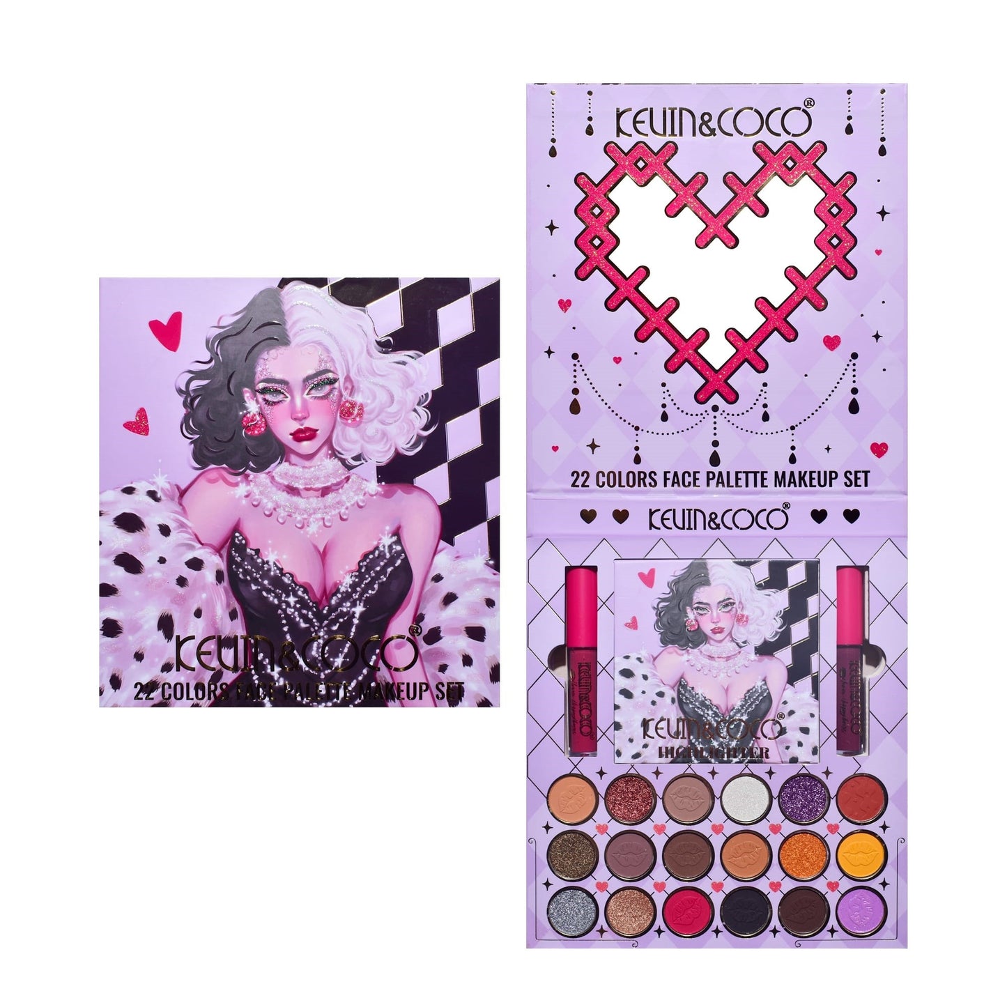Set 4 Produse de Machiaj, KEVIN &amp; COCO, Black-White Witch, 22 culori, 19.7 x 21.2 x 2.5 cm