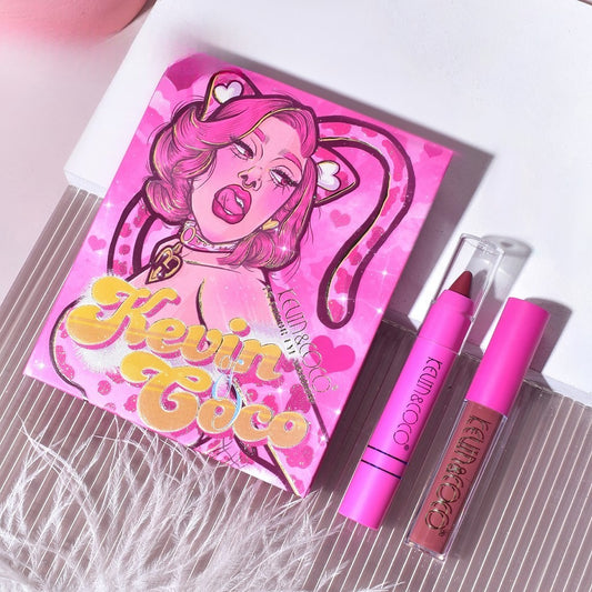Set 4 Produse de Machiaj, KEVIN &amp; COCO, Pink Loving-heart Leopard Girl, 18 culori, 20.5 x 18.2 x 2.2 cm