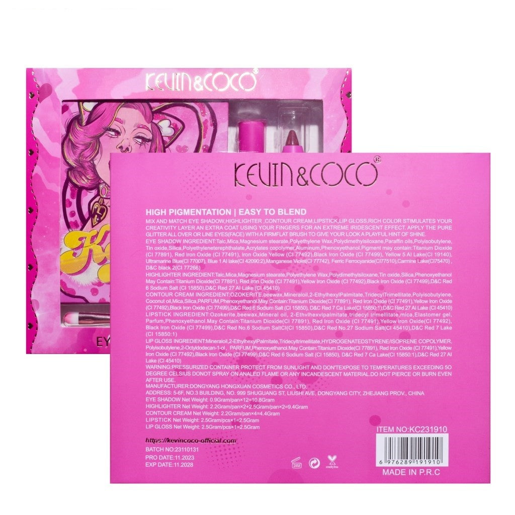 Set 4 Produse de Machiaj, KEVIN &amp; COCO, Pink Loving-heart Leopard Girl, 18 culori, 20.5 x 18.2 x 2.2 cm