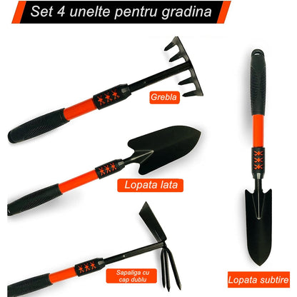 Set 4 Unelte de Gradina, Maner extensibil, pentru Plantare Prelucrare Sol si Ingrijire Plante, Material otel carbon, negru