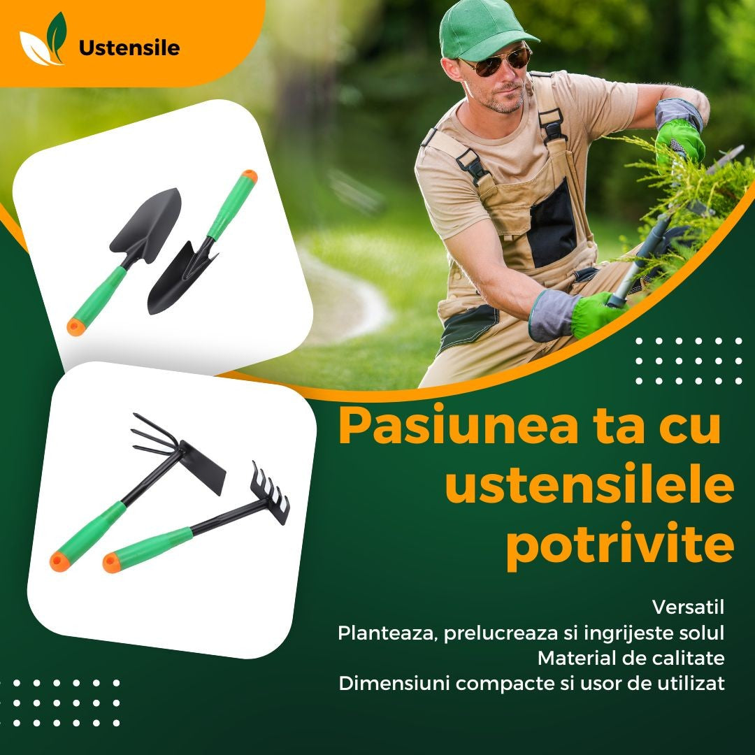 Set 4 Unelte de Gradina, pentru Plantare Prelucrare Sol si Ingrijire Plante, Material PVC si cardboard, 31.5 x 8.5 cm, verde