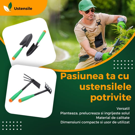 Set 4 Unelte de Gradina, pentru Plantare Prelucrare Sol si Ingrijire Plante, Material PVC si cardboard, 31.5 x 8.5 cm, verde