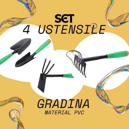 Set 4 Unelte de Gradina, pentru Plantare Prelucrare Sol si Ingrijire Plante, Material PVC si cardboard, 31.5 x 8.5 cm, verde