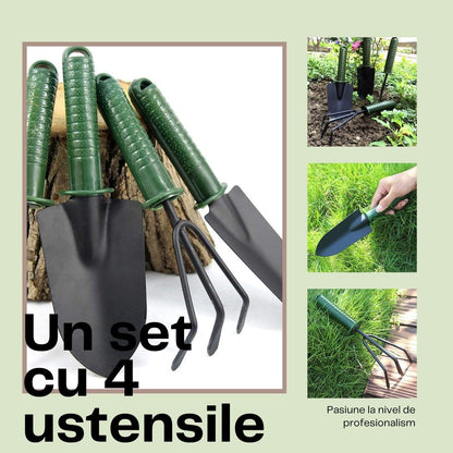 Set 4 Unelte de Gradina, pentru Plantare Prelucrare Sol si Ingrijire Plante, Material PVC si cardboard, 25 x 8.5 cm, verde