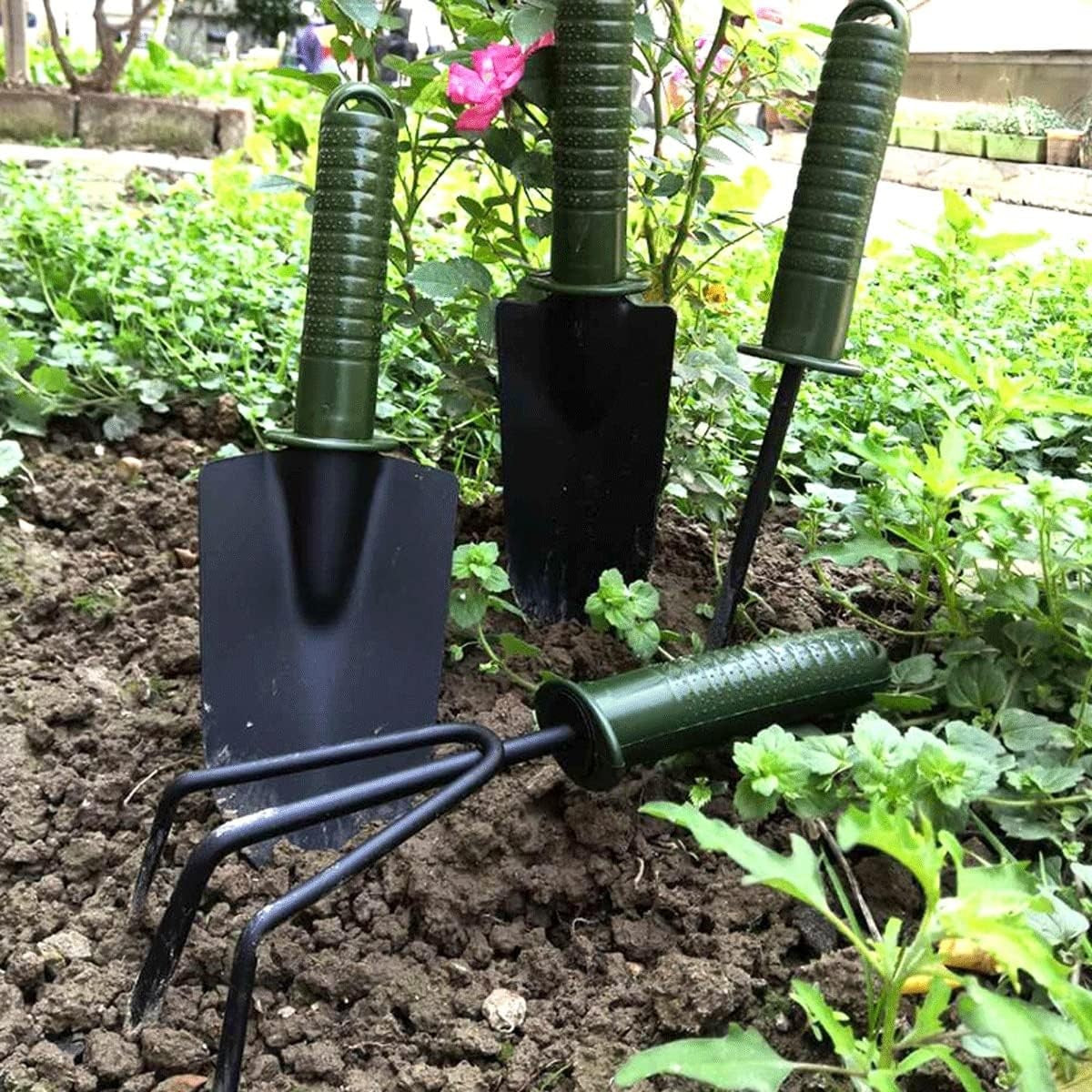 Set 4 Unelte de Gradina, pentru Plantare Prelucrare Sol si Ingrijire Plante, Material PVC si cardboard, 25 x 8.5 cm, verde