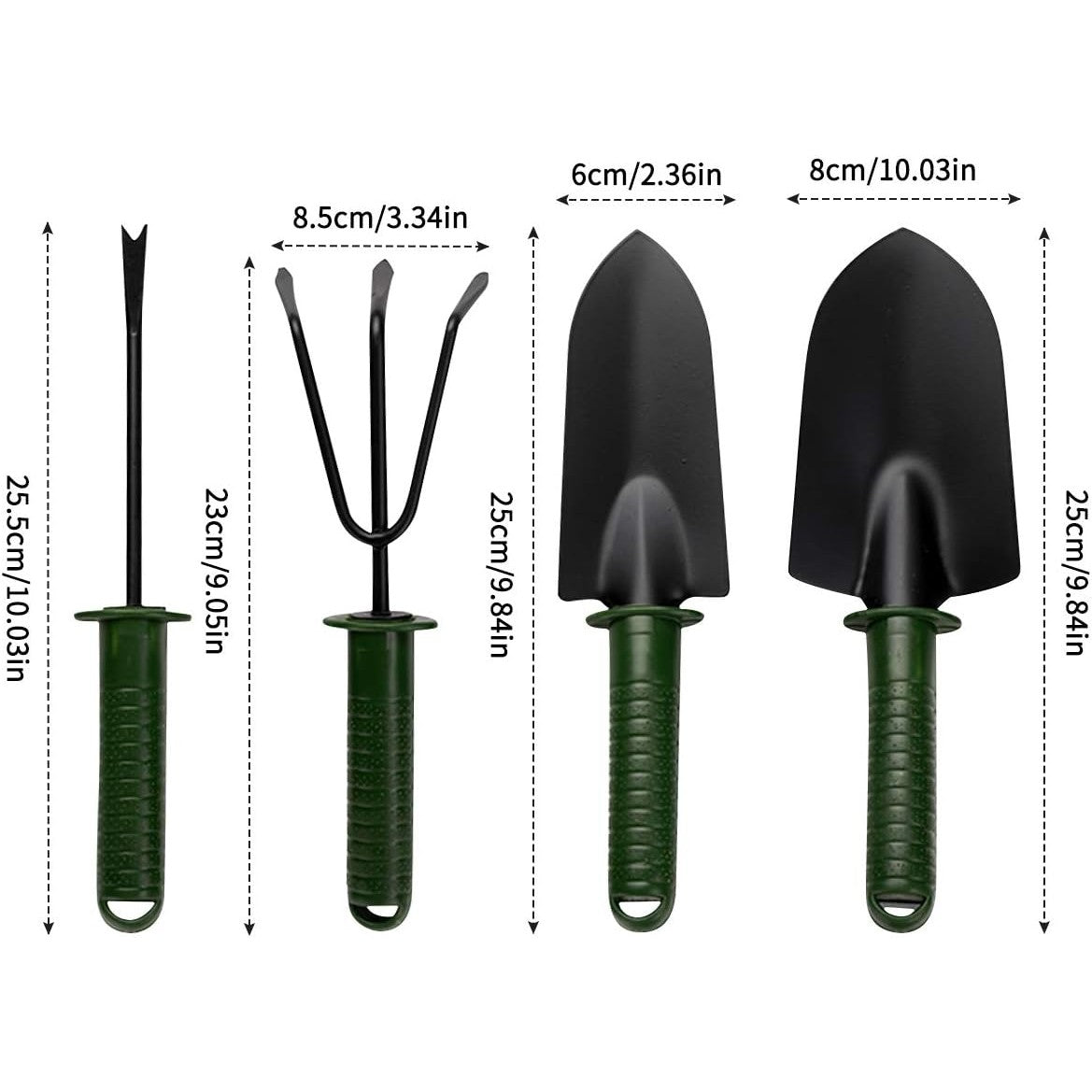 Set 4 Unelte de Gradina, pentru Plantare Prelucrare Sol si Ingrijire Plante, Material PVC si cardboard, 25 x 8.5 cm, verde