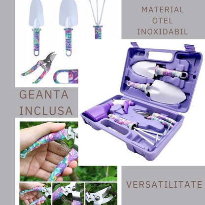 Set 5 accesorii pentru gradinarit, geanta depozitare inclusa, otel inoxidabil, 38 x 29 cm, mov