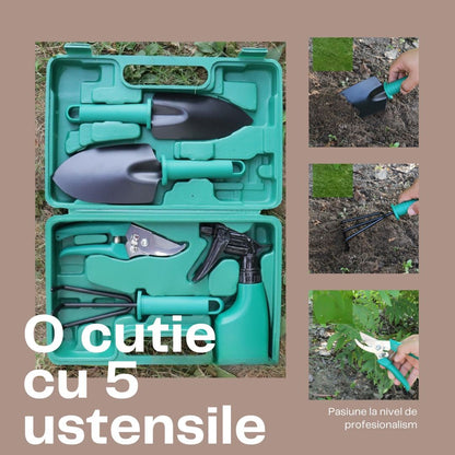 Set 5 accesorii pentru gradinarit, geanta depozitare inclusa, otel inoxidabil, 18.5 x 29.5 cm, verde