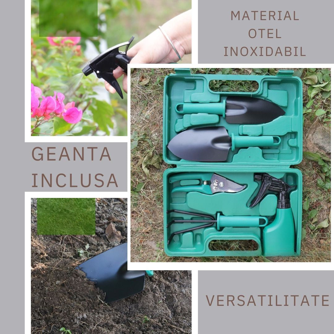 Set 5 accesorii pentru gradinarit, geanta depozitare inclusa, otel inoxidabil, 18.5 x 29.5 cm, verde
