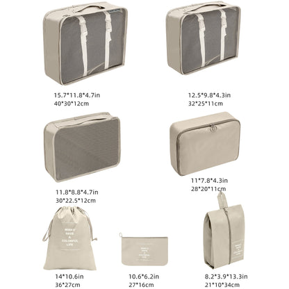 Set 7 Genti de Calatorie, selexmo, pentru Depozitare, Compresibile, 7 Dimensiuni, Impermeabile, Design cu Plasa, Pliabile, Manere Robuste, Fermoar dublu, Bej