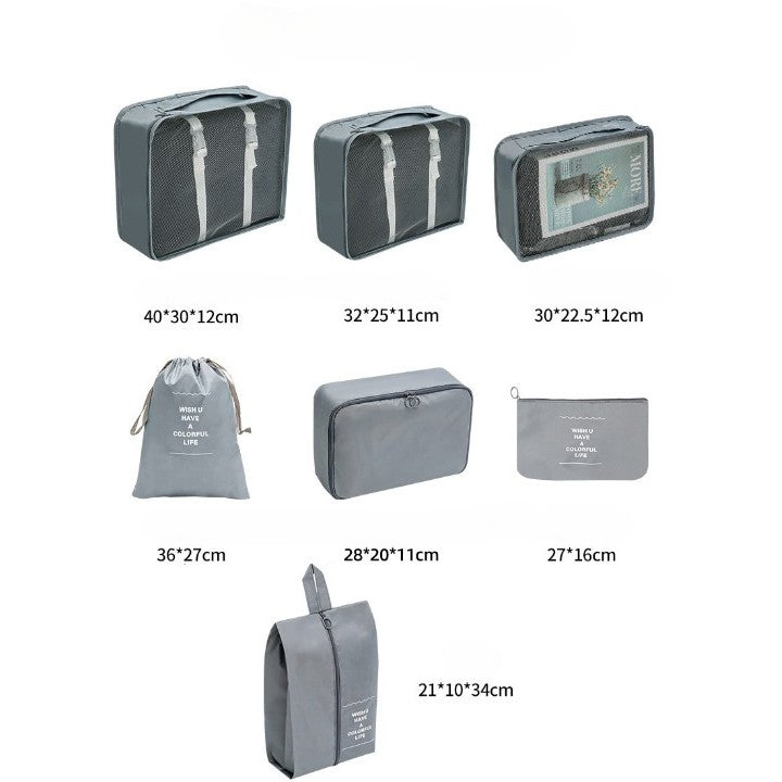 Set 7 Genti de Calatorie, selexmo, pentru Depozitare, Compresibile, 7 Dimensiuni, Impermeabile, Design cu Plasa, Pliabile, Manere Robuste, Fermoar dublu, Gri