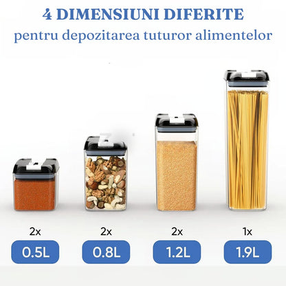Set 7 Recipiente Etanșe pentru Alimente – 4 Dimensiuni, Etichete Reutilizabile + Cupe de Măsurare – Organizare Inteligentă în Bucătărie