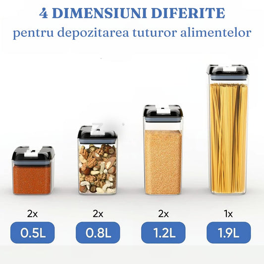 Set 7 Recipiente Etanșe pentru Alimente – 4 Dimensiuni, Etichete Reutilizabile + Cupe de Măsurare – Organizare Inteligentă în Bucătărie