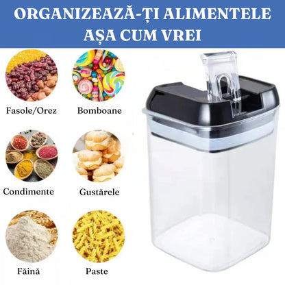 Set 7 Recipiente Etanșe pentru Alimente – 4 Dimensiuni, Etichete Reutilizabile + Cupe de Măsurare – Organizare Inteligentă în Bucătărie