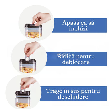 Set 7 Recipiente Etanșe pentru Alimente – 4 Dimensiuni, Etichete Reutilizabile + Cupe de Măsurare – Organizare Inteligentă în Bucătărie