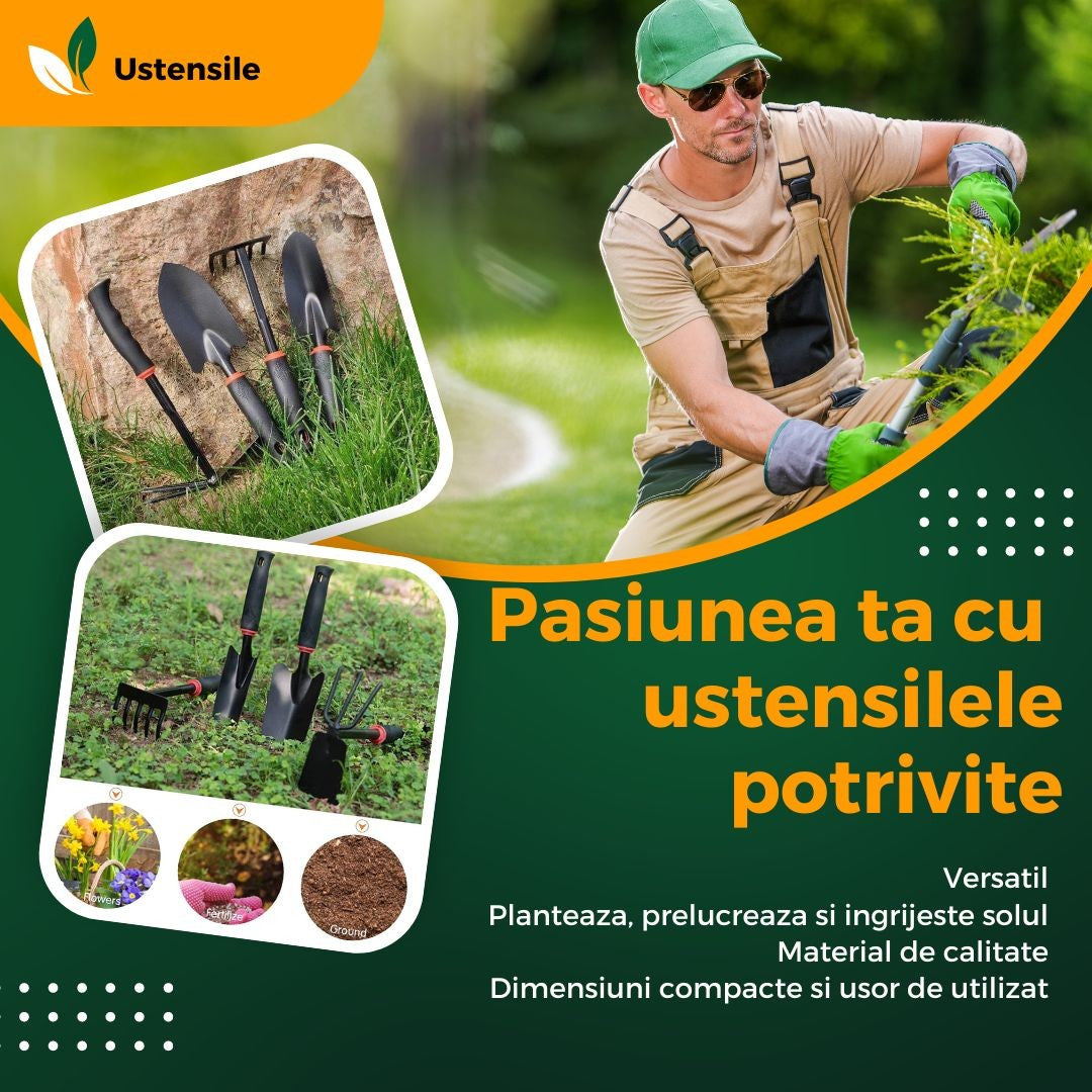 Set 7 Unelte de Gradina, pentru Plantare Prelucrare Sol si Ingrijire Plante, Material PVC si cardboard, 31.5 x 8 cm, negru