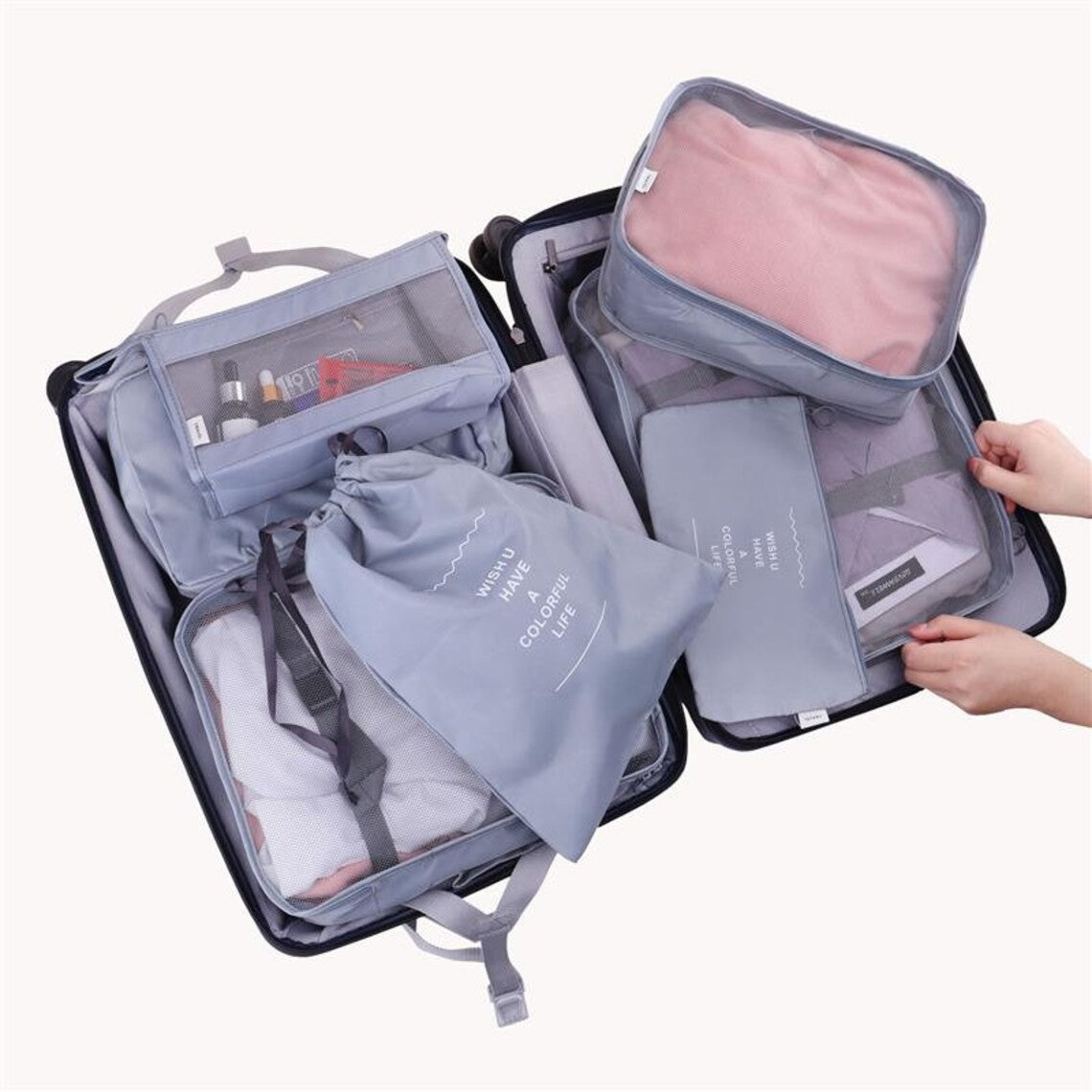 Set 8 huse organizare bagaj selexmo, material poliester, impermeabil, cu fermoar, pentru calatorii sau dulap, sac pentru pantofi inclus, pliabil, gri
