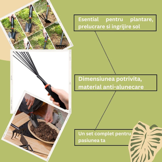 Set 9 Unelte de Gradina, pentru Plantare Prelucrare Sol si Ingrijire Plante, Material PVC si cardboard, 25 x 14.5 cm, negru