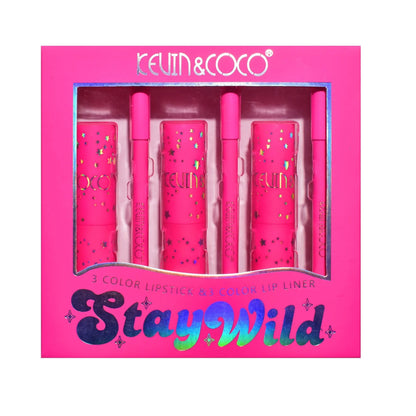 Set de Buze, KEVIN & COCO, Stay Wild, 3 Lip Stick-uri si 3 Creioane de Buze, 16.1 x 16 x 2.6 cm, Nuante Calde