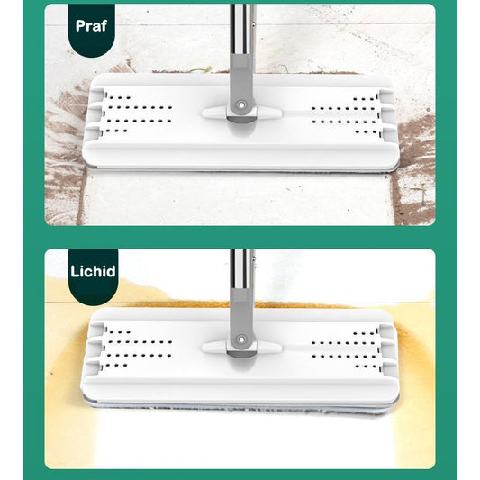 Set de curatenie selexmo, mop si galeata, galeata 5.7 l, 4 rezerve microfibra incluse, design modern, pentru interior, material plastic, peri sintetici, plat, cu storcere, alb