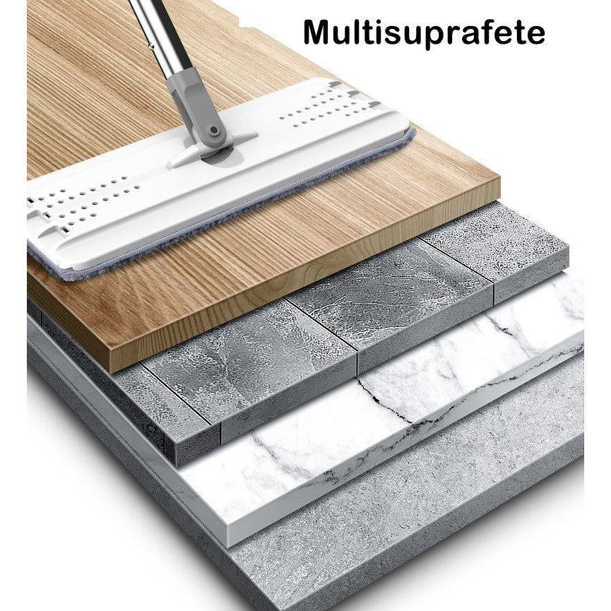Set de curatenie selexmo, mop si galeata, galeata 5.7 l, 4 rezerve microfibra incluse, design modern, pentru interior, material plastic, peri sintetici, plat, cu storcere, alb