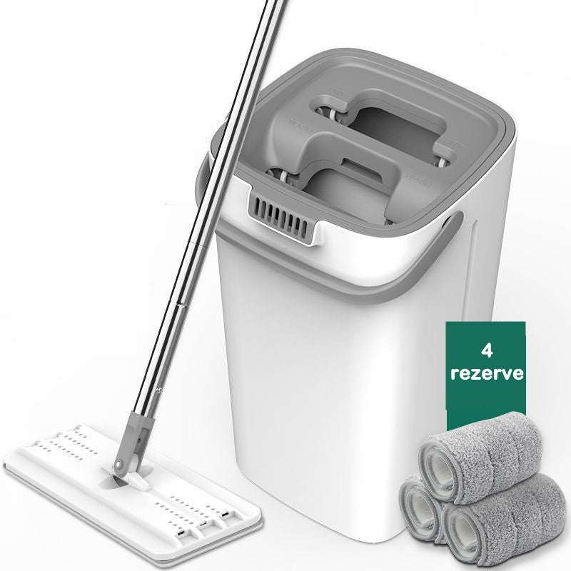 Set de curatenie selexmo, mop si galeata, galeata 5.7 l, 4 rezerve microfibra incluse, design modern, pentru interior, material plastic, peri sintetici, plat, cu storcere, alb