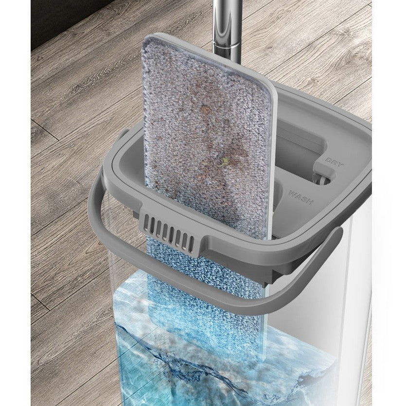Set de curatenie selexmo, mop si galeata, galeata 5.7 l, 4 rezerve microfibra incluse, design modern, pentru interior, material plastic, peri sintetici, plat, cu storcere, alb